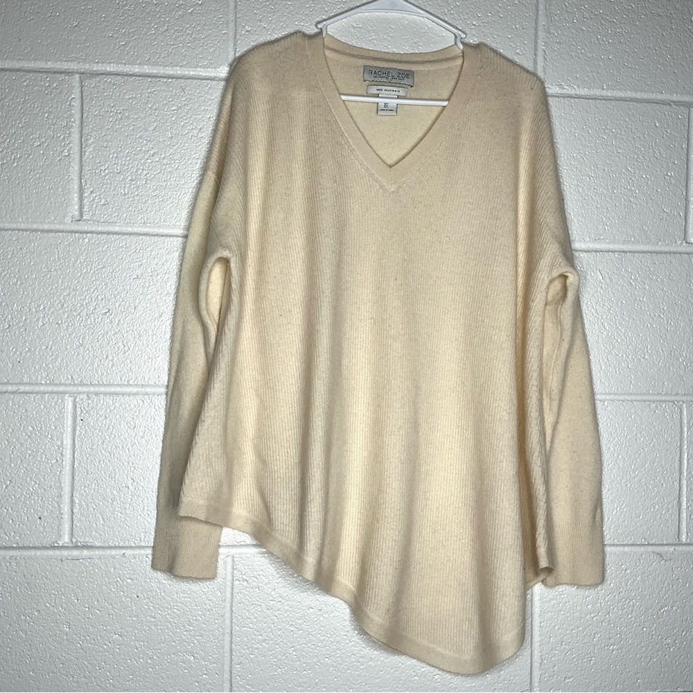 Rachel Zoe 100% Cashmere Cream V-Neck Asymmetrical Sweater in EUC